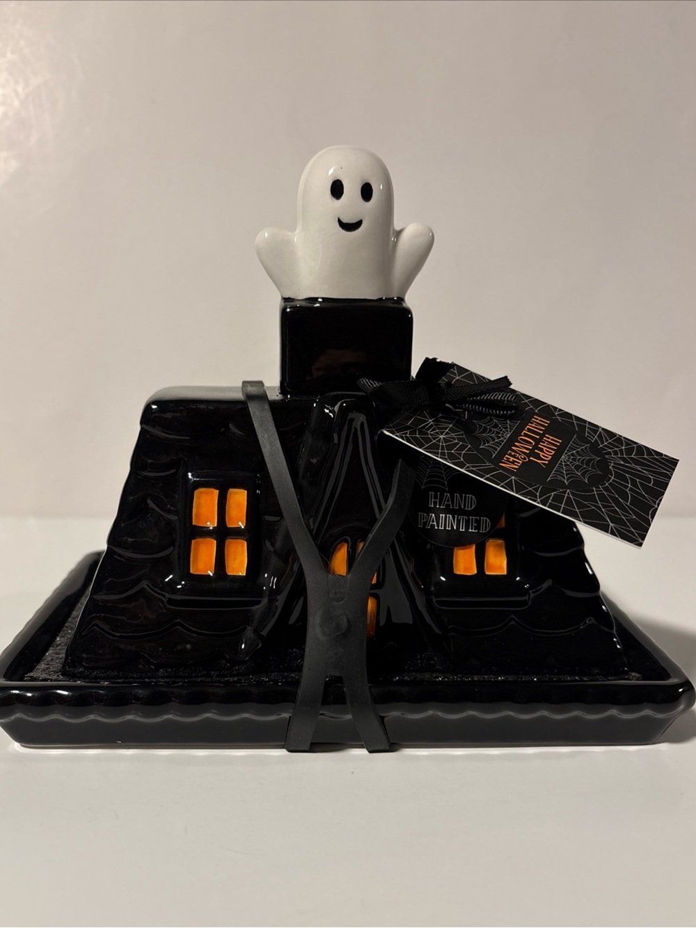 Cobwebs & Cauldron Halloween Ghost On Haunted House Butter Dish, Black New
